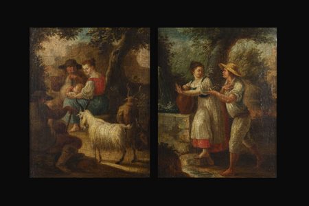 GRANERI GIOVANNI MICHELE (ambito di)<BR>Torino 1708 - 1762<BR>Coppia di dipinti con scene di vita