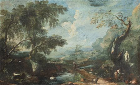 FLAMINIO GRAPINELLI<BR>Pieve d'Alpago (BL) fine sec. XVII - 1750 ca.<BR>"Paesaggio con figure ed animali" XVIII secolo