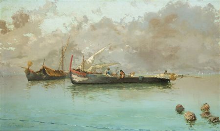 EDOARDO DALBONO<BR>Napoli 1841 - 1915<BR>"Marina con barche di pescatori"