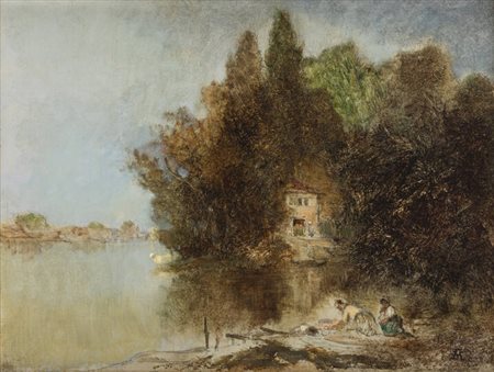 VITTORIO AVONDO<BR>Torino 1836 - 1910<BR>"Lavandaie al fiume"