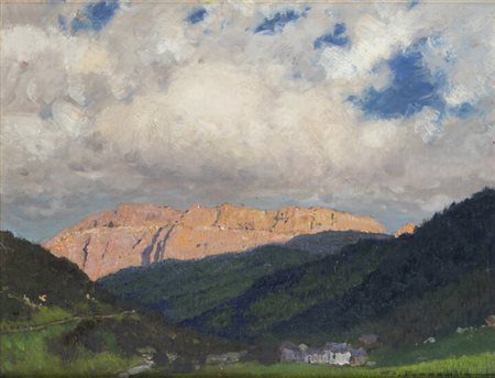 GIUSEPPE BOZZALLA<BR>Biella 1874 - 1958 Pollone (BI)<BR>"Gruppo Sella al tramonto da Ortisei" 26 agosto 1932