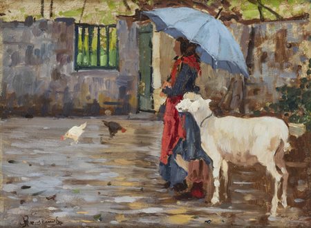 ENRICO REYCEND<BR>Torino 1855 - 1928<BR>"Sotto la pioggia"