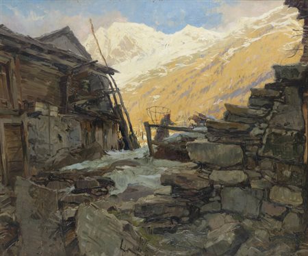 GIUSEPPE GHEDUZZI<BR>Crespellano (BO) 1889 - 1957 Torino<BR>"Casolari rustici (effetto invernale in Dicembre nella valle di Macugnaga)"