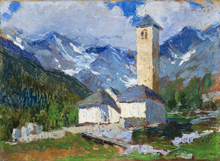 CESARE MAGGI<BR>Roma 1881 - 1961 Torino<BR>"Paesaggio  con chiesetta" (Macugnaga) 1919