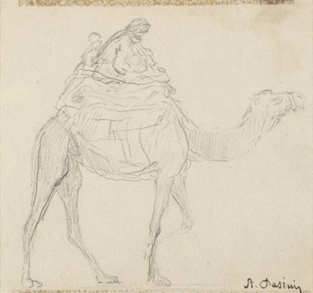 ALBERTO PASINI<BR>Busseto (PR) 1826 - 1899 Torino<BR>"Donna araba sul dorso di un cammello"