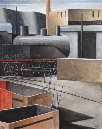 MARCELLO SCUFFI<BR>Tizzana (PI) 1948- 2021 Quarrata (PI)<BR>"Vecchi treni a deposito" 2016