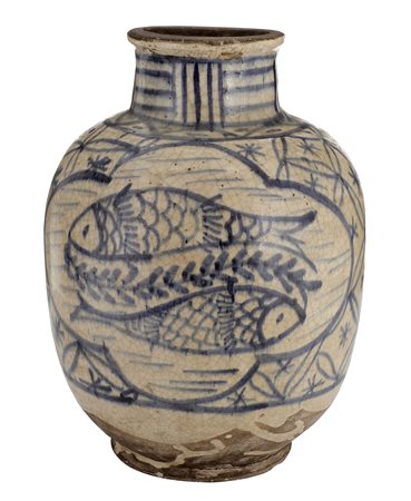 Persia. XVII secolo, (?)
Giara oviforme con decoro di pesci e fiori in blu di cobalto