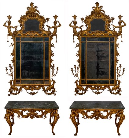 Lucca (II quarto del XVIII secolo)
Coppia di tavoli da muro con specchiere a doppia cornice e cartiglio a tema di animali e sirene