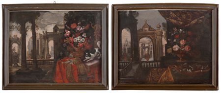 Pier Francesco Cittadini (1616-1681), seguace di
Coppia di nature morte con sfondo di architetture fantastiche