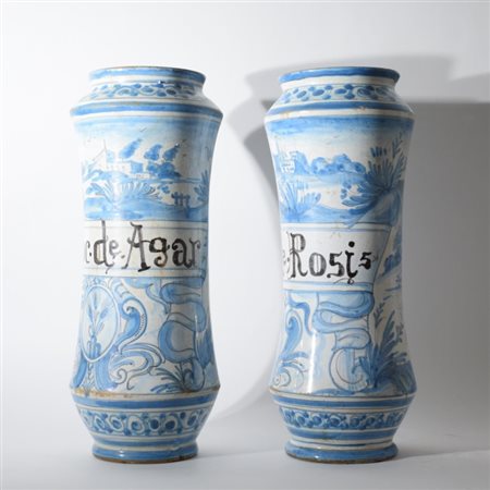 Coppia di albarelli tipo Savona in maiolica policroma