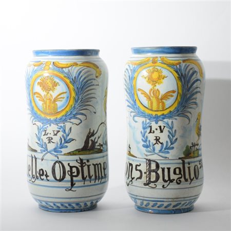 Coppia di albarelli tipo Savona in maiolica policroma