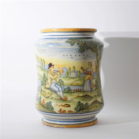 Grande albarello tipo Castelli in maiolica policroma