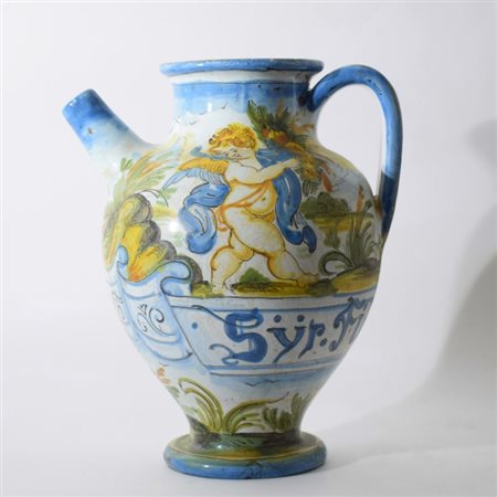 Orciolo da farmacia in maiolica policroma