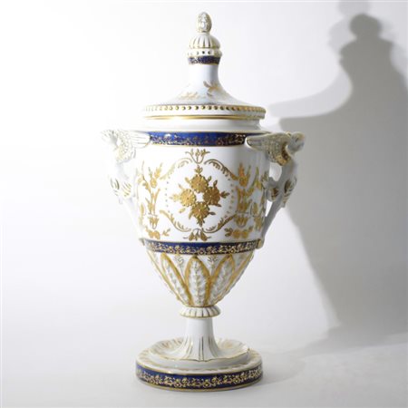 Grande vaso ad anfora con coperchio in porcellana di Parigi bianco blu