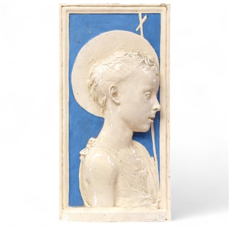 S. Giovannino con croce Grande pannello in maiolica policroma di stile...