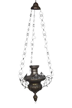 Grande lampada votiva in ottone argentato Fine del XVIII secolo Completa di...