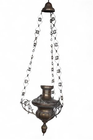 Grande lampada votiva in ottone argentato Fine del XVIII secolo Completa di...