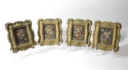 Quattro piccoli dipinti raffiguranti composizioni floreali in vasi di bronzo...