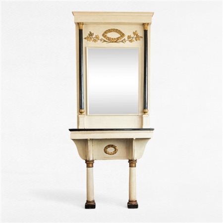 Console con specchiera in legno laccato bianco-oro