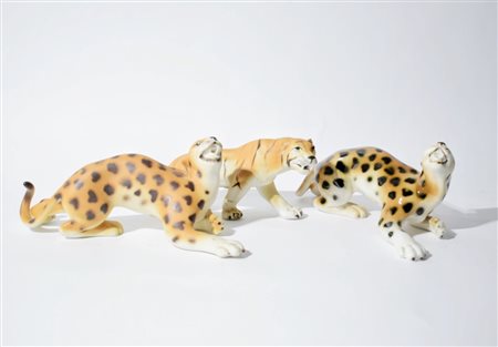 Due leopardi ed una tigre in porcellana, Manifattura Royal Dux