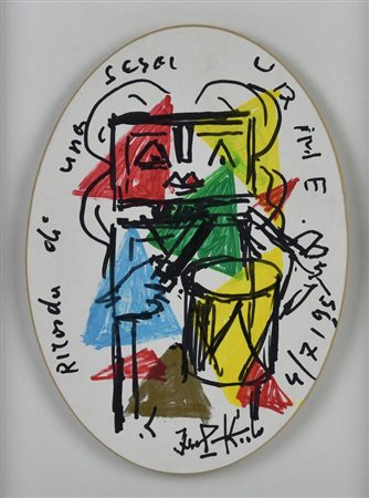 Ibrahim Kodra RICORDO DI UNA SERA, 1995 olio su tavoletta ovale, cm 19x13,5...