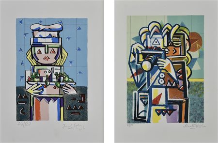 Ibrahim Kodra COPPIA DI SERIGRAFIE SENZA TITOLO serigrafia, cm 35x25; es....