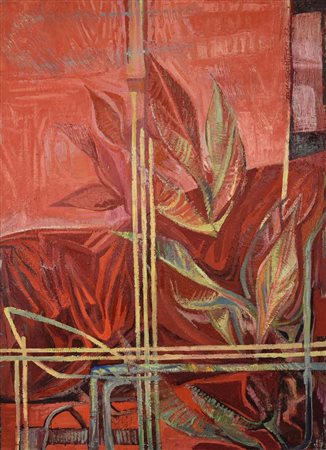 Tano Santoro COMPOSIZIONE CON FOGLIE, 1973 olio su tela, cm 50x70 firma e...