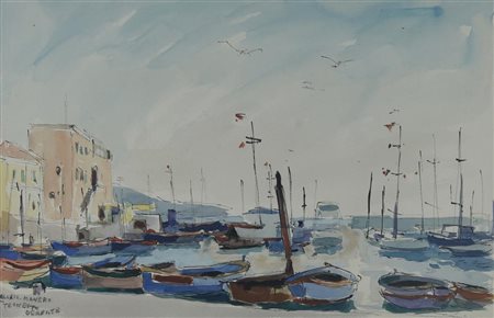 Teonesto Deabate PORTICCIOLO tecnica mista su carta, cm 28,5x44 firma e...