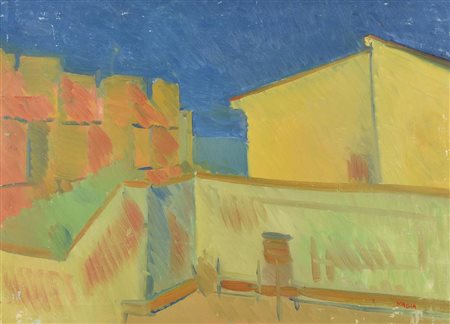 Giancarlo Borgia CASE E MARE, 1985 olio su tela, cm 64,5x88,5 firma sul...