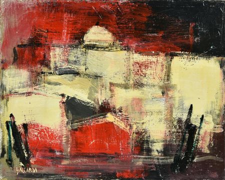 Carlo Saccardi VENEZIA, 1986 olio su tavola, cm 24x30 firma sul retro: firma,...