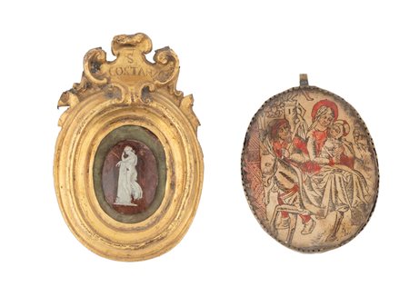 Medaglione con montatura in bronzo e scene della vita di Gesù / Portareliquie in metallo dorato con cammeo. 1700.