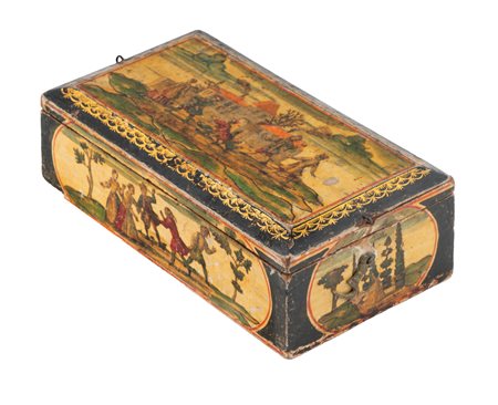 Scatola in legno decorata ad arte povera e laccata. Fine XVIII secolo.