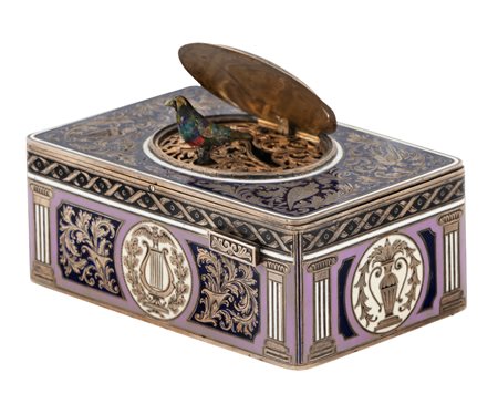 Germania, prima metà del XX secolo, Carillon con uccello canterino in argento e smalto. 1920 ca.