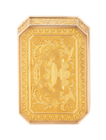 Francia, fine XVIII - inizio XIX secolo, Tabacchiera in oro con miniatura entro cornice in perle e smeraldi. 1780-1820 circa.