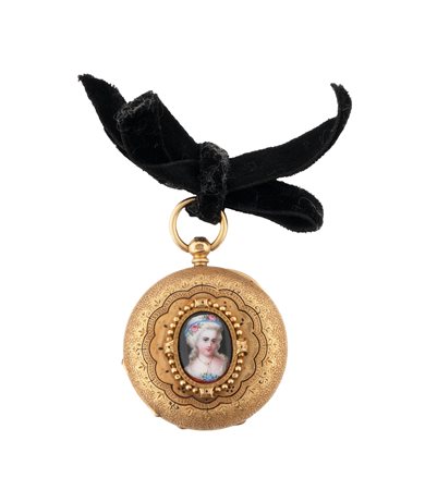 Junod Frères, Genève, Orologino da petto in oro 18 kt con miniatura. 1875 ca.