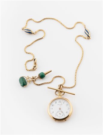 Longines, Orologino d'oro con catena in oro e pietre. 1940.