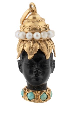 Pendente con moretto veneziano in oro 18 kt perle e turchesi. 1930-1950.