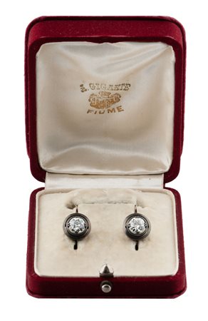 Agostino Gigante, Fiume, Orecchini argento foderato in oro 18 kt con brillanti taglio vecchio. 1925 ca.