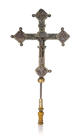 Croce processionale in argento e lamina d'argento, arte orafa sulmonese, fine...