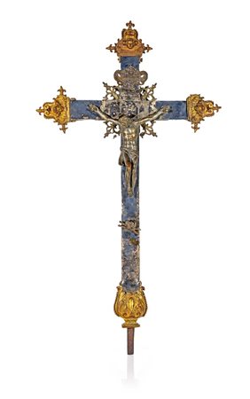 Croce astile in lamina d'argento, bronzo brunito e dorato, Roma, fine...
