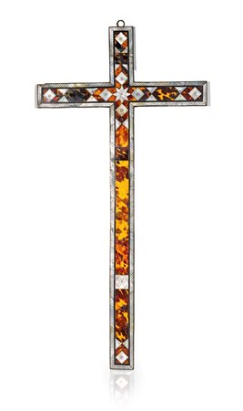 Croce devozionale in tartaruga, legno ebanizzato e inserti di madreperla, XIX...