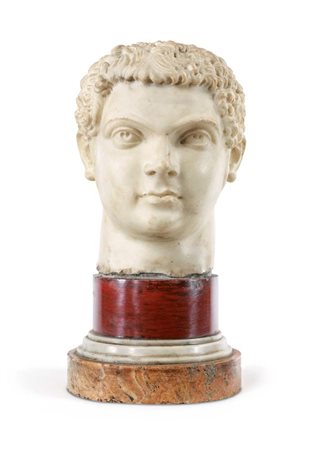 Testa in marmo bianco raffigurante l'imperatore romano Geta base a rocchio di...