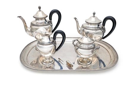 Servizio da tè e caffè in argento 800/000 con vassoio ovale, Romeo Miracoli,...