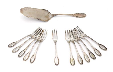 Paletta da dolce e dodici forchette stile Impero argento 800/000 cm 26,5 e cm...