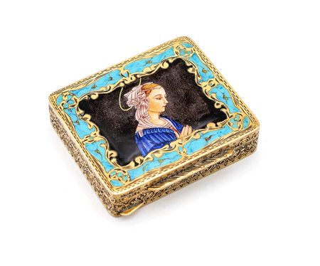 Piccola scatola in argento dorato con miniatura in smalto raffigurante...