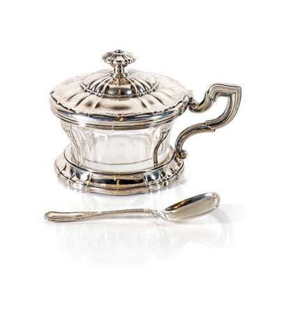 Portaformaggio circolare in argento 800/000 e vetro con cucchiaino coperchio...