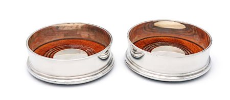 Coppia di sottobottiglia in argento 800/000 e legno cm 4,5x12,5