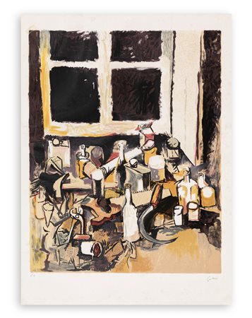 RENATO GUTTUSO (1912-1987) - Oggetti sul tavolo e finestra di sera, 1982