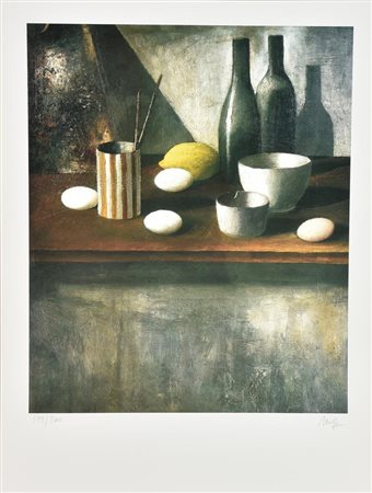 Marcello Scuffi (1948) NATURA MORTA CON LIMONE E UOVA litografia su carta, cm...