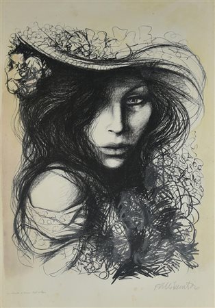 Fausto Maria Liberatore RITRATTO DI DONNA litografia colorata a mano, cm...